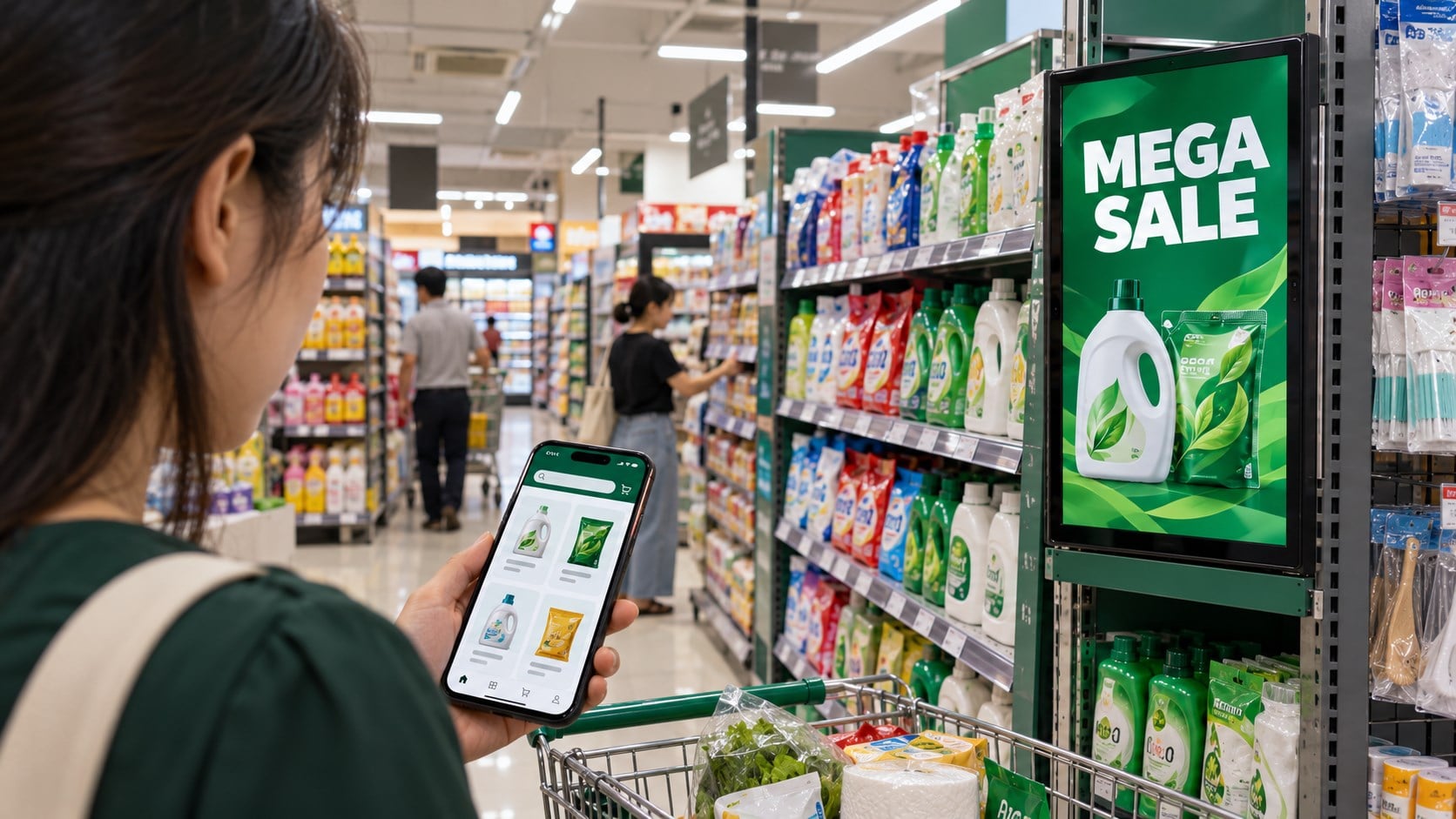 Khách hàng xem sản phẩm trên điện thoại cạnh màn hình quảng cáo Mega Sale trong siêu thị